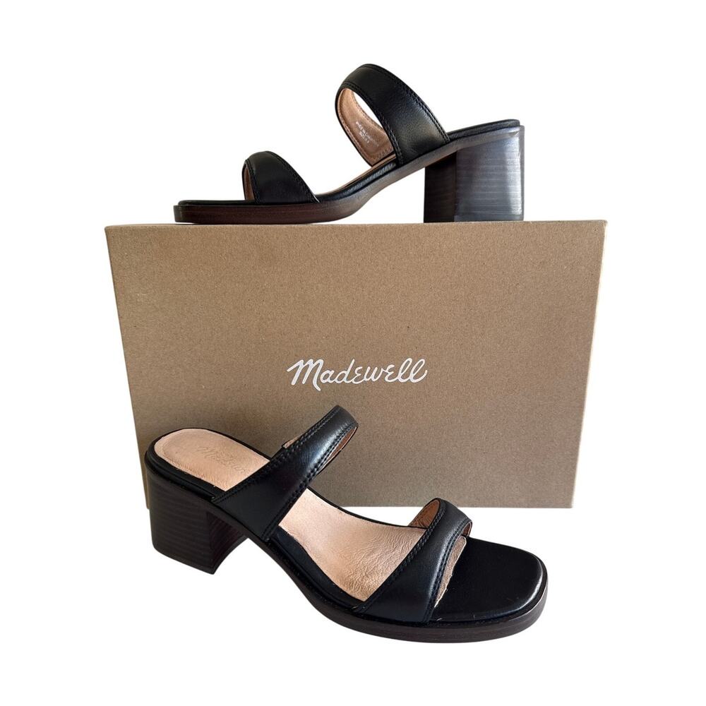 Madewell Saige Heeled Mules Womens 9.5 Double Strap Black Leather NK041 Slip On